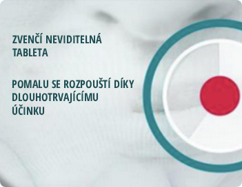 Schéma kruhového terče s textem zdůrazňujícím pomalý, dlouhotrvající účinek a neviditelnost zvenčí.