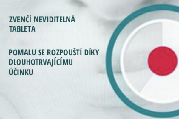 Schéma kruhového terče s textem zdůrazňujícím pomalý, dlouhotrvající účinek a neviditelnost zvenčí.